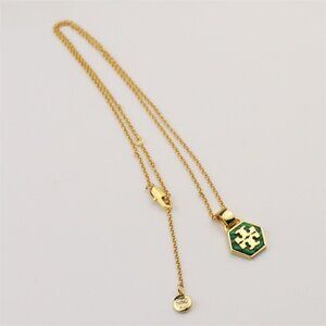Tory Burch Gold Necklace with Green Hexagon Pendant